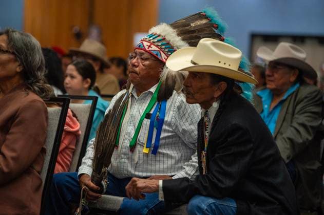 July 15, 2024, Whitecap Dakota Nation, Sk, Canada: Emcee Tommy Christian, right, and Harold Blacksmith during a ceremony where the Government of Canada delivered a formal apology to the 9 Dakota and Lakota First Nations in Canada in Whitecap Dakota Nation, Saskatchewan on Monday, July 15, 2024. Whitecap Dakota Nation Canada  - ZUMAc35_ 20240715_zaf_c35_029 Copyright: xLiamxRichardsx