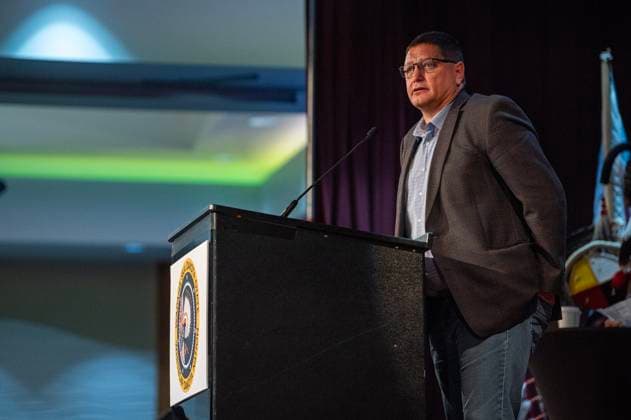 July 15, 2024, Whitecap Dakota Nation, Sk, Canada: Saskatoon Tribal Council Tribal Chief Mark Arcand speaks during a ceremony where the Government of Canada delivered a formal apology to the 9 Dakota and Lakota First Nations in Canada in Whitecap Dakota Nation, Saskatchewan on Monday, July 15, 2024. Whitecap Dakota Nation Canada  - ZUMAc35_ 20240715_zaf_c35_036 Copyright: xLiamxRichardsx