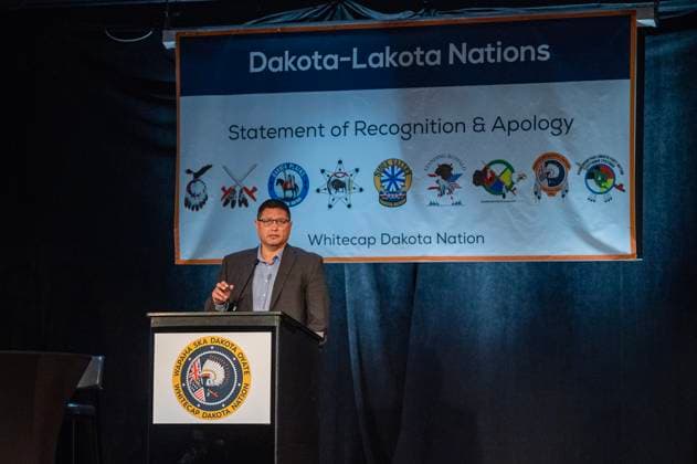 July 15, 2024, Whitecap Dakota Nation, Sk, Canada: Saskatoon Tribal Council Tribal Chief Mark Arcand speaks during a ceremony where the Government of Canada delivered a formal apology to the 9 Dakota and Lakota First Nations in Canada in Whitecap Dakota Nation, Saskatchewan on Monday, July 15, 2024. Whitecap Dakota Nation Canada  - ZUMAc35_ 20240715_zaf_c35_037 Copyright: xLiamxRichardsx
