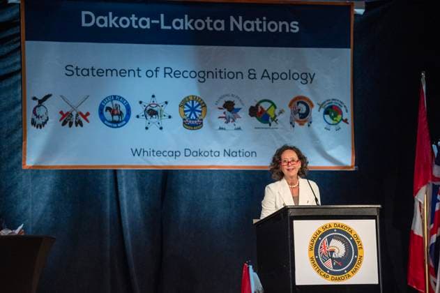 July 15, 2024, Whitecap Dakota Nation, Sk, Canada: Bronwyn Eyre, Saskatchewan Minister of Justice and Attorney General, speaks during a ceremony where the Government of Canada delivered a formal apology to the 9 Dakota and Lakota First Nations in Canada in Whitecap Dakota Nation, Saskatchewan on Monday, July 15, 2024. Whitecap Dakota Nation Canada  - ZUMAc35_ 20240715_zaf_c35_039 Copyright: xLiamxRichardsx