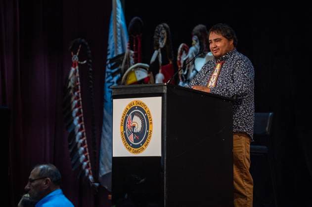 July 15, 2024, Whitecap Dakota Nation, Sk, Canada: Chief Lindsay Bunn Jr., Birdtail Sioux, speaks during a ceremony where the Government of Canada delivered a formal apology to the 9 Dakota and Lakota First Nations in Canada in Whitecap Dakota Nation, Saskatchewan on Monday, July 15, 2024. Whitecap Dakota Nation Canada  - ZUMAc35_ 20240715_zaf_c35_040 Copyright: xLiamxRichardsx