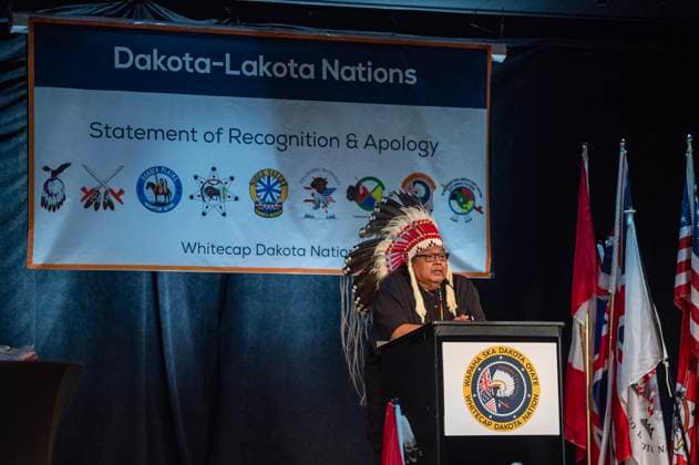 July 15, 2024, Whitecap Dakota Nation, Sk, Canada: Chief Raymond Brown, Canupawakpa, speaks during a ceremony where the Government of Canada delivered a formal apology to the 9 Dakota and Lakota First Nations in Canada in Whitecap Dakota Nation, Saskatchewan on Monday, July 15, 2024. Whitecap Dakota Nation Canada  - ZUMAc35_ 20240715_zaf_c35_041 Copyright: xLiamxRichardsx