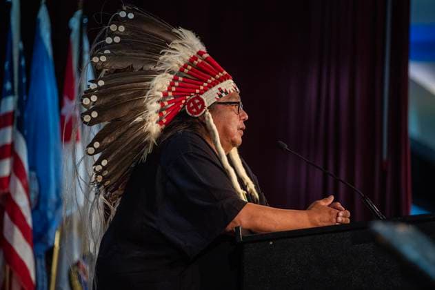 July 15, 2024, Whitecap Dakota Nation, Sk, Canada: Chief Raymond Brown, Canupawakpa, speaks during a ceremony where the Government of Canada delivered a formal apology to the 9 Dakota and Lakota First Nations in Canada in Whitecap Dakota Nation, Saskatchewan on Monday, July 15, 2024. Whitecap Dakota Nation Canada  - ZUMAc35_ 20240715_zaf_c35_042 Copyright: xLiamxRichardsx