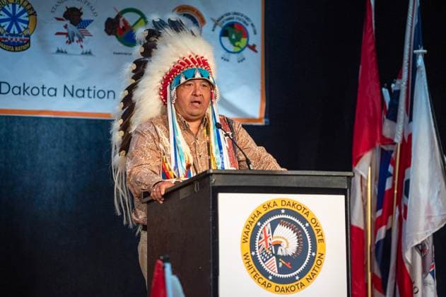 July 15, 2024, Whitecap Dakota Nation, Sk, Canada: Chief Donny Smoke, Dakota Plains, speaks during a ceremony where the Government of Canada delivered a formal apology to the 9 Dakota and Lakota First Nations in Canada in Whitecap Dakota Nation, Saskatchewan on Monday, July 15, 2024. Whitecap Dakota Nation Canada  - ZUMAc35_ 20240715_zaf_c35_044 Copyright: xLiamxRichardsx