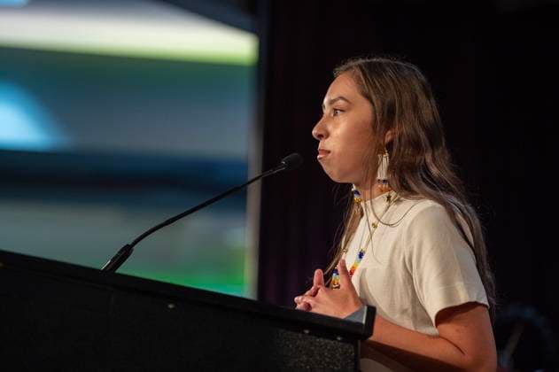 July 15, 2024, Whitecap Dakota Nation, Sk, Canada: Sofia Smoke, daughter of Chief Donny Smoke (not pictured), Dakota Plains, speaks during a ceremony where the Government of Canada delivered a formal apology to the 9 Dakota and Lakota First Nations in Canada in Whitecap Dakota Nation, Saskatchewan on Monday, July 15, 2024. Whitecap Dakota Nation Canada - ZUMAc35_ 20240715_zaf_c35_045 Copyright: xLiamxRichardsx
