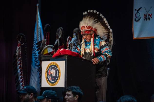 July 15, 2024, Whitecap Dakota Nation, Sk, Canada: Chief Dennis Pashe, Dakota Tipi, speaks during a ceremony where the Government of Canada delivered a formal apology to the 9 Dakota and Lakota First Nations in Canada in Whitecap Dakota Nation, Saskatchewan on Monday, July 15, 2024. Whitecap Dakota Nation Canada  - ZUMAc35_ 20240715_zaf_c35_046 Copyright: xLiamxRichardsx