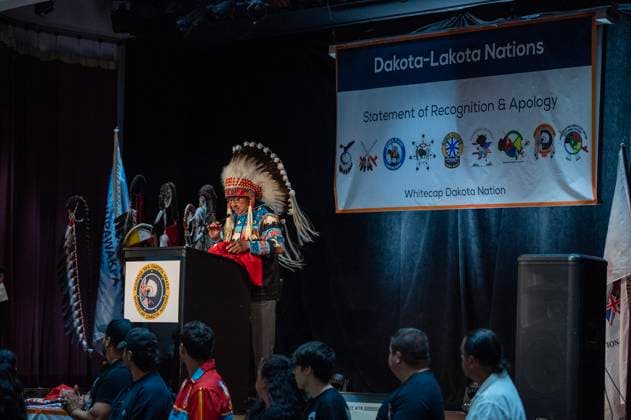 July 15, 2024, Whitecap Dakota Nation, Sk, Canada: Chief Dennis Pashe, Dakota Tipi, speaks during a ceremony where the Government of Canada delivered a formal apology to the 9 Dakota and Lakota First Nations in Canada in Whitecap Dakota Nation, Saskatchewan on Monday, July 15, 2024. Whitecap Dakota Nation Canada  - ZUMAc35_ 20240715_zaf_c35_047 Copyright: xLiamxRichardsx