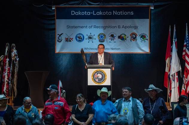 July 15, 2024, Whitecap Dakota Nation, Sk, Canada: Chief Vincent Tacan, Sioux Valley, speaks during a ceremony where the Government of Canada delivered a formal apology to the 9 Dakota and Lakota First Nations in Canada in Whitecap Dakota Nation, Saskatchewan on Monday, July 15, 2024. Whitecap Dakota Nation Canada  - ZUMAc35_ 20240715_zaf_c35_048 Copyright: xLiamxRichardsx