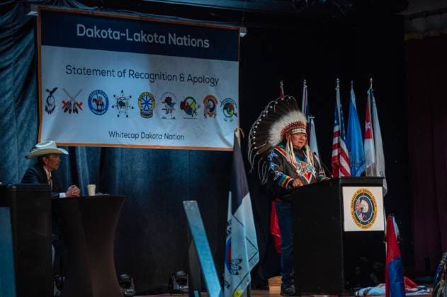 July 15, 2024, Whitecap Dakota Nation, Sk, Canada: Chief Rodger Redman, Standing Buffalo, speaks during a ceremony where the Government of Canada delivered a formal apology to the 9 Dakota and Lakota First Nations in Canada in Whitecap Dakota Nation, Saskatchewan on Monday, July 15, 2024. Whitecap Dakota Nation Canada  - ZUMAc35_ 20240715_zaf_c35_049 Copyright: xLiamxRichardsx
