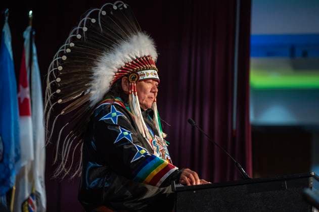 July 15, 2024, Whitecap Dakota Nation, Sk, Canada: Chief Rodger Redman, Standing Buffalo, speaks during a ceremony where the Government of Canada delivered a formal apology to the 9 Dakota and Lakota First Nations in Canada in Whitecap Dakota Nation, Saskatchewan on Monday, July 15, 2024. Whitecap Dakota Nation Canada  - ZUMAc35_ 20240715_zaf_c35_050 Copyright: xLiamxRichardsx