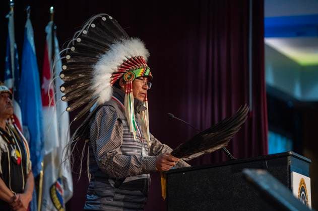 July 15, 2024, Whitecap Dakota Nation, Sk, Canada: Chief John Waditaka, Wahpeton Dakota, speaks during a ceremony where the Government of Canada delivered a formal apology to the 9 Dakota and Lakota First Nations in Canada in Whitecap Dakota Nation, Saskatchewan on Monday, July 15, 2024. Whitecap Dakota Nation Canada  - ZUMAc35_ 20240715_zaf_c35_051 Copyright: xLiamxRichardsx