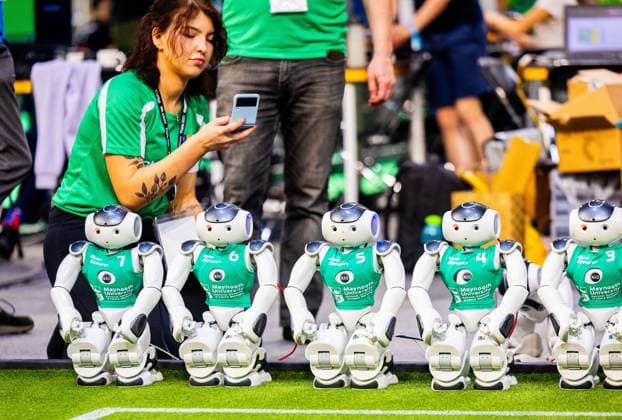 EINDHOVEN - Robot football during a practice day in the run-up to the World Cup for Robots: RoboCup 2024. Universities and technology companies from all over the world show what their robots can do in various disciplines. ANP IRIS VAN DEN BROEK netherlands out - belgium out  Copyright: xx x503648390x originalFilename: 503648390.jpg