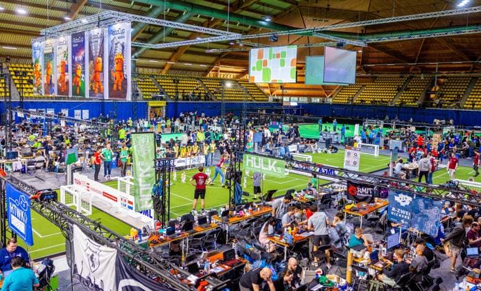 EINDHOVEN - Football fields for robot football during a practice day in the run-up to the World Cup for robots: RoboCup 2024. Universities and technology companies from all over the world show what their robots can do in various disciplines. ANP IRIS VAN DEN BROEK netherlands out - belgium out  Copyright: xx x503649293x originalFilename: 503649293.jpg