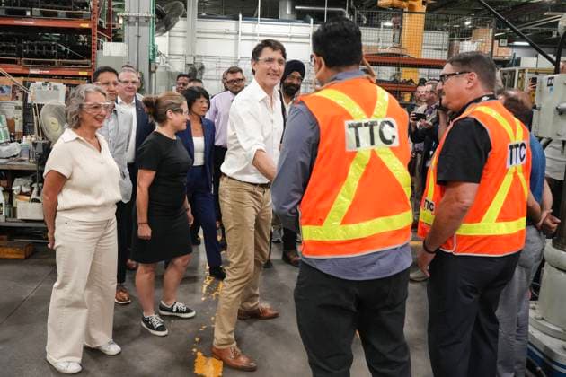 July 17, 2024, Toronto, On, CAN: Prime Minister Justin Trudeau greets employees as he is joined by Julie Dabrusin (left) MP for Toronto-Danforth, Deputy Prime Minister and Minister of Finance, Chrystia Freeland (second left) and Toronto Mayor Olivia Chow, during a visit to a Toronto Transit Commission yard in Toronto, on Wednesday, July 17, 2024. Toronto CAN - ZUMAc35_ 20240717_zaf_c35_026 Copyright: xChrisxYoungx