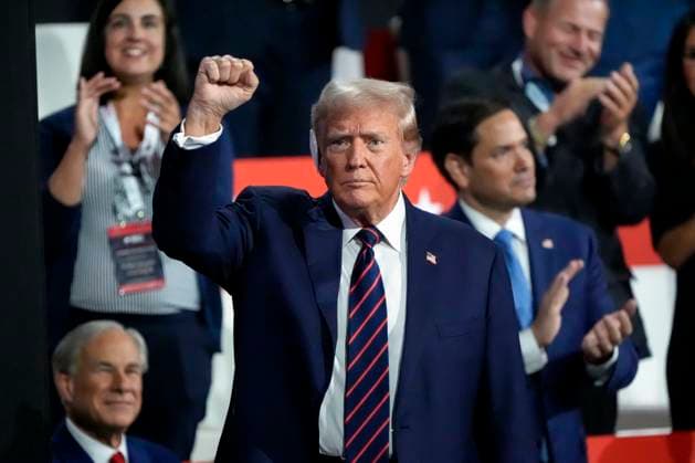Former President Donald Trump arrives for the third day of the 2024 Republican National Convention at Fiserv Forum in Milwaukee, Wisconsin on Wednesday, July 17, 2024. The third day of the convention is expected to focus on national security and foreign policy.  MIL20240717331 DAVIDxBANKS