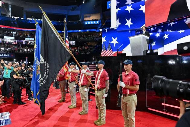 The colors are presented during the 2024 Republican National Convention at Fiserv Forum in Milwaukee, Wisconsin on Thursday, July 18, 2024. The theme of the final day is Make America Great Once Again, with former President Donald Trump as the featured speaker.  MIL20240718303 MATTxMARTON