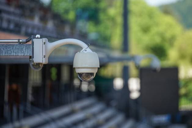 Surveillance camera, stadium, security, grandstand, spectator area, surveillance technology, close-up, modern technology, security system, architecture, perspective, outdoor area, sports venue, infrastructure facility, camera technology, protection, empty seats, daylight, security facility, techn Copyright: xArnexAmbergx