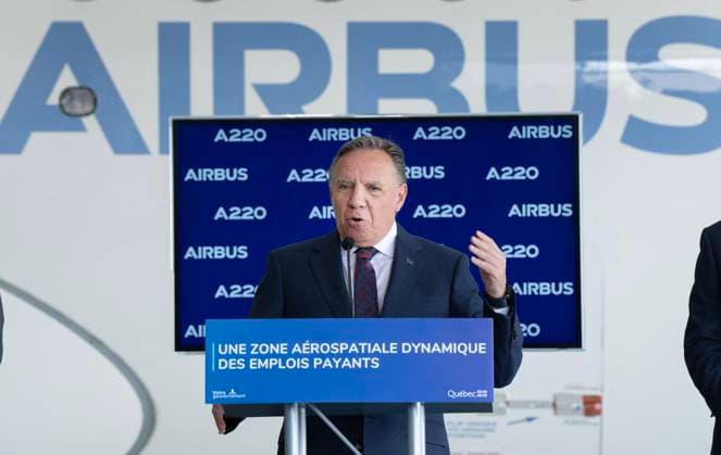 July 23, 2024, Montreal, Pq, Canada: Quebec Premier Francois Legault speaks at the Airbus A220 manufacturing facility in Mirabel, Que., Tuesday, July 23, 2024. The Quebec government is investing $410 million to increase production at the plant. Montreal Canada  - ZUMAc35_ 20240723_zaf_c35_019 Copyright: xRyanxRemiorzx