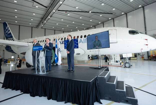 July 23, 2024, Montreal, Pq, Canada: Quebec Premier Francois Legault, speaks as Airbus Canada President Benoit Schultz, right, Quebec Economy Minister Pierre FitzGibbons, left, look on at the Airbus A220 manufacturing facility in Mirabel, Que., Tuesday, July 23, 2024. The Quebec government is investing $410 million to increase production at the plant. Montreal Canada - ZUMAc35_ 20240723_zaf_c35_020 Copyright: xRyanxRemiorzx