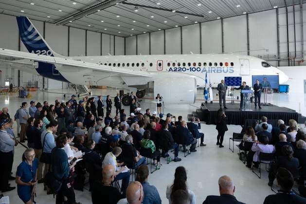 July 23, 2024, Montreal, Pq, Canada: Quebec Premier Francois Legault, speaks as Airbus Canada President Benoit Schultz, right, Quebec Economy Minister Pierre FitzGibbons, left, look on at the Airbus A220 manufacturing facility in Mirabel, Que., Tuesday, July 23, 2024. The Quebec government is investing $410 million to increase production at the plant. Montreal Canada - ZUMAc35_ 20240723_zaf_c35_021 Copyright: xRyanxRemiorzx