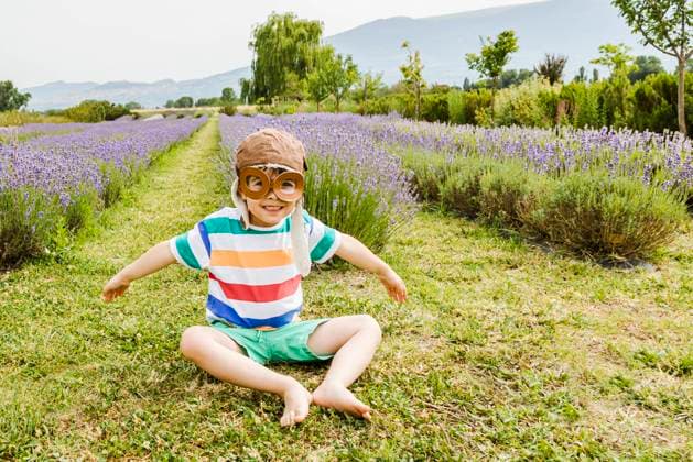 Creative Highlights Symbolfotos Boy in aviator cap at lavender field model released, Symbolfoto, FLMF01239