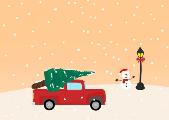 Illustration of car with freshly cut tree, snowman and decorated street light, FLMF01282