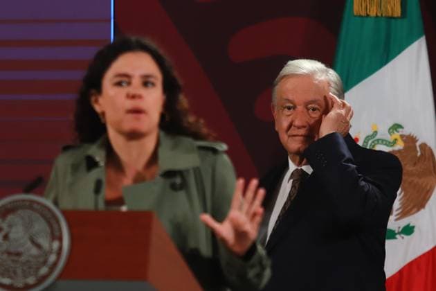 Mexican President Lopez Obrador Briefing Mexico™s President Andres Manuel Lopez Obrador is seen behind while Minister of the Interior Luisa Maria Alcalde Lujan speaking during a briefing conference at National Palace where talk about the Morena s overrepresentation in the Mexican Congress. on July 24, 2024 in Mexico City, Mexico. (Photo by Carlos Santiago Eyepix Group) Copyright: xCarlosxSantiago xEyepixxGroupx CS_24072024_126428