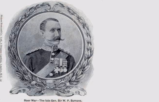 RECORD DATE NOT STATED Head and shoulders of General Sir W. P. Symons General Symons was killed during the Battle of Talana Hill during the Second Boer War. Severly wounded, he was left behind when his forces withdrew to Ladysmith and he died in captivity. Date: 1900  Copyright: Copyrightx(c)Geminix2023.xCredit:xGemini 13744214