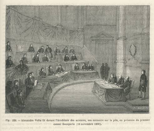 The wonders of science The Italian physicist Alessandro Volta reading his conclusions on the electrical pile (voltaic pile) before the AcadÃ©mie des Sciences in Paris, in the presence of the First Consul Bonaparte, on 18 November 1800. Illustration from Les Merveilles de la science ou description populaire des inventions modernes written by Louis Figuier and published in 1867 by Furne, Jouvet et Cie. Copyright: xPhoto12x COM23A01058 !ACHTUNG AUFNAHMEDATUM GESCHÃ„TZT!