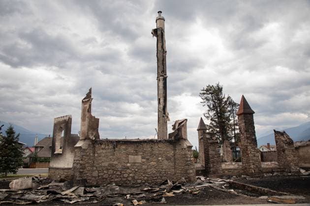 July 26, 2024, Jasper, Ab, CANADA: The remains of the historic Jasper Anglican Church in Jasper, Alta., on Friday July 26, 2024. Wildfires encroaching into the townsite of Jasper forced an evacuation of the national park and have destroyed over 300 of the town s approximately 1100 structures, mainly impacting residential areas. Jasper CANADA  - ZUMAc35_ 20240726_zaf_c35_188 Copyright: xAmberxBrackenx