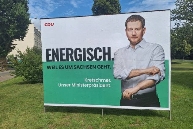 Leipzig, Sachsen, Deutschland, 27.07.2024: Wahlplakate zur Landtagswahl: CDU-Wahlplakat mit Ministerpräsident Michael Kretschmer und dem Schriftzug Energisch *** Leipzig, Saxony, Germany, 27 07 2024 Election posters for the state election CDU election poster with Prime Minister Michael Kretschmer and the lettering Energisch Copyright: xdtsxNachrichtenagenturx dts_44126