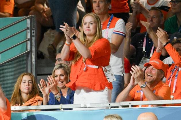 Paris 2024 - Handball - Dutch Royals In The Stands (L to R) Princess Alexia of the Netherlands, Queen Maxima of the Netherlands, Princess Catharina-Amalia of the Netherlands and King Willem-Alexander of the Netherlands at the handball match between Netherlands and Spain on Day 4 of the Paris 2024 Summer Olympic Games at South Paris Arena on July 30, 2024 in Paris, France. Photo by Robin Utrecht ABACAPRESS.COM Paris France  Copyright: xZabulonxLaurent ABACAx