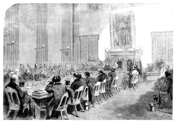 RECORD DATE NOT STATED The Cotton Famine: meeting of the central relief committee in the mayor s parlour at the Manchester townhall - Earl Derby in the chair, 1862. The Lancashire Cotton Famine (1861-65), was a depression in the textile industry of North West England, brought about by overproduction in a time of contracting world markets. It coincided with the interruption of baled cotton imports caused by the American Civil War and speculators buying up new stock for storage in warehouses. Cotton prices rose in China following the Second Opium War and during the ongoing Taiping Rebellion. The increase in cotton prices caused the textile trade to rapidly lose two-thirds of its previous value of exports to China from 1861-1862. The worldwide cotton famine also pro  Copyright:ThexPrintxCollector HeritagexImagesxUnknownx IMAGO