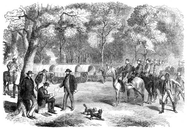 RECORD DATE NOT STATED The Last Days of the Confederate Government - Mr. Jefferson Davis signing acts of government by the roadside, 1865. ...from a sketch by our special artist... showing Mr. Davis and his Cabinet halting by the roadside; the ex-President engaged in signing papers which Mr. Benjamin, his Secretary of State, is handing to him. This was probably the last official business transacted by the Confederate Cabinet, and may well be termed Government by the roadside. Our readers must bear in mind that at any moment the alarm might be given of the enemy s advance, and, to say the least, such a condition of matters was scarcely calculated to give calmness to the deliberations of the fugitive Government . From Illustrated London News, 1865. Copyright:xThe  Copyright:ThexPrintxCollector HeritagexImagesxUnknownx IMAGO