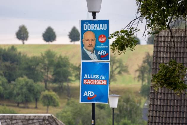 Wahlplakat der Partei AfD und ihres Kandidaten Joerg Dornau zur Landtagswahl 2024 in Sachsen mit der Losung - Alles fuer Sachsen. 02.08.2024, Zschirla, GER - Wahlplakate der Partei AfD., Zschirla Sachsen Deutschland Landtagswahl 2024 Sachsen Joerg Dornau *** Election poster of the party AfD and its candidate Joerg Dornau for the state election 2024 in Saxony with the slogan Alles fuer Sachsen 02 08 2024, Zschirla, GER Election posters of the party AfD , Zschirla Saxony Germany State election 2024 Saxony Joerg Dornau
