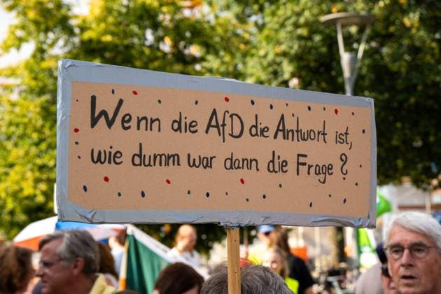 News Themen der Woche KW31 News Bilder des Tages Meitingen, Bavaria, Germany - August 3, 2024: Demonstration against an event of the AfD Alternative for Germany. Woman holding placard:WWeWhoIf the AfD If the AfD is the answer, how stupid is the question *** Demonstration gegen eine Veranstaltung der der AfD Alternative für Deutschland. Frau hält Plakat: Wenn die AfD die Antwort ist, wie dumm ist dann die Frage