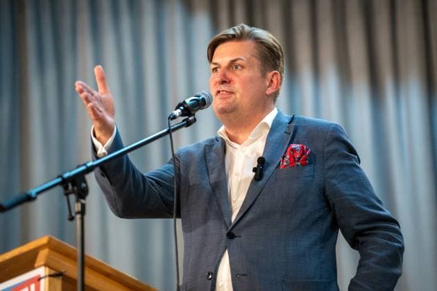 Meitingen, Bavaria, Germany - August 3, 2024: Maximilian Krah, a prominent politician of the AfD, Alternative for Germany, speaks at an event of the party in Meitingen, Bavaria *** Maximilian Krah, ein prominenter Politiker der AfD, Alternative für Deutschland spricht bei einer Veranstaltung der Partei in Meitingen, Bayern