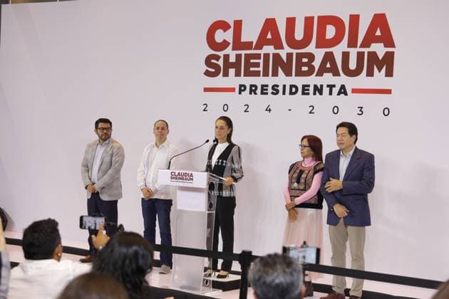 Claudia Sheinbaum Pardo, Mexico s elected candidate, (C) speaking during a press conference accompanied by (L-R) Carlos Augusto Morales, Joso Merino, Leticia RamoÂ­rez Amaya, Mario Delgado after a meeting with Governors of the Northeast Region. on August 5, 2024 in Mexico City, Mexico. Mexico City Mexico - ZUMAe321 20240805_zia_e321_001 Copyright: xIanxRoblesx