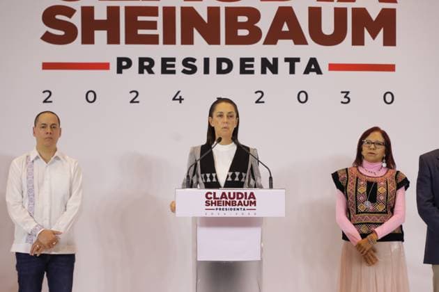 Claudia Sheinbaum Pardo, Mexico s elected candidate, (C) speaking during a press conference accompanied by (L) Joso Merino and (R) Leticia RamoÂ­rez Amaya after a meeting with Governors of the Northeast Region. Mexico City Mexico - ZUMAe321 20240805_zia_e321_007 Copyright: xIanxRoblesx