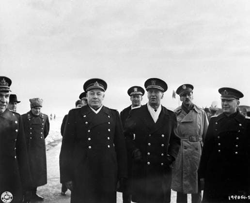 Yalta conference 597361 04.02.1945 The Yalta (Crimean) conference of union states, February 4-11, 1945. Left to right: People s Commissar of the USSR Fleet, Admiral Nikolai Kuznetsov, Commander in Chief of the U.S. Navy, Fleet Admiral Earnest Josef King, and the accompanying persons at the airport. Reproduction of a photo. RIA Novosti Sputnik Yalta Crimean ASSR USSR  Copyright: xRIAxNovostix