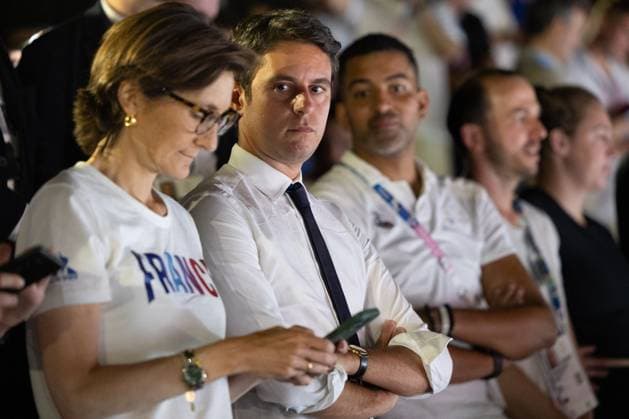 Paris 2024 - PM Attal At Men’s Basketball 3x3 Gold Medal Game French Prime Minister Gabriel Attal and French Minister of Sport and the Olympic and Paralympic Games Amelie Oudea Castera attends the men 3x3 basketball gold medal game between France and the Netherlands during the Paris 2024 Olympic Games at La Concorde in Paris on August 5, 2024. Photo by Raphael Lafargue ABACAPRESS.COM Paris France  Copyright: xLafarguexRaphael ABACAx