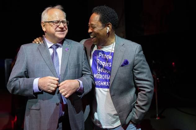 May 9, 2023, Chanhassen, Minnesota, USA: Minnesota Gov. TIM WALZ, left, and MARK WEBSTER, a major advocate for the bill, share a laugh before the bill signing ceremony on Tuesday, May 9, 2023, at Paisley Park in Chanhassen, Minnesota. Chanhassen USA - ZUMAm67_ 20230509_zaf_m67_021 Copyright: xAlexxKormannx