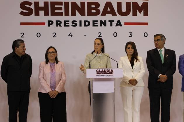 Claudia Sheinbaum Pardo, elected candidate of Mexico, accompanied by governors David Monreal, Governor of Zacatecas; RocoÂ­o Nahle, Governor-elect of Veracruz; Tere Jimenez, Governor of Aguas Calientes; Amo rico Villarreal, Governor of Tamaulipas during a press conference to announce that a public work project will be carried out per state. on August 6, 2024 in Mexico City, Mexico. Mexico City Mexico - ZUMAe321 20240806_zia_e321_010 Copyright: xIanxRoblesx