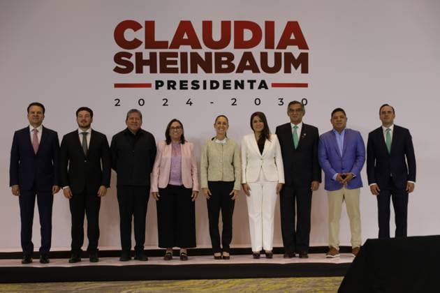 Claudia Sheinbaum Pardo, elected candidate of Mexico, accompanied by governors Esteban Villegas, Governor of Durango; Samuel GarcoÂa, Governor of Nuevo Leo³n; David Monreal, Governor of Zacatecas; RocoÂo Nahle, Governor-elect of Veracruz; Tere Jimenez, Governor of Aguas Calientes; Amo rico Villarreal, Governor of Tamaulipas; Ricardo Gallardo, Governor of San Luis PotosoÂ; Manolo Jimenez, Governor of Coahuila during a press conference to announce that a public work project will be carried out per state. on August 6, 2024 in Mexico City, Mexico. Mexico City Mexico - ZUMAe321 20240806_zia_e321_013 Copyright: xIanxRoblesx