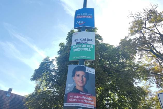 Leipzig, Sachsen, Deutschland, 06.08.2024: Wahlplakate zur Landtagswahl: Wahlplakate von AfD ( Alles für Sachsen ), CDU ( Erstklassige Bildung schon ab der Vorschule ) und BSW (mit Sahra Wagenknecht) zur Landtagswahl in Sachsen *** Leipzig, Saxony, Germany, 06 08 2024 Election posters for the state election Election posters of AfD Alles für Sachsen , CDU Erstklassige Bildung schon ab der Vorschule und BSW mit Sahra Wagenknecht zur Landtagswahl in Sachsen Copyright: xdtsxNachrichtenagenturx dts_44322
