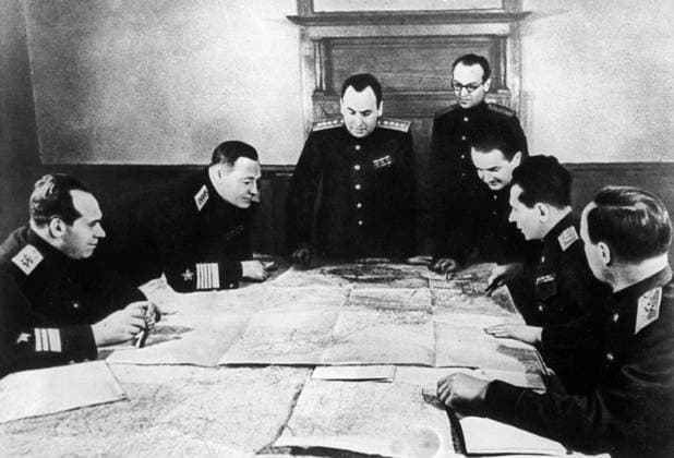 Soviet military delegation at the Yalta conference 600640 05.02.1945 General Alexei Antonov, center, among the members of the Soviet military delegation at the Crimean (Yalta) conference (February 4-11, 1945). History of the Great Patriotic War. Vol.5, p. 152. Reproduction. RIA Novosti Sputnik Yalta Republic of Crimea Russia  Copyright: xRIAxNovostix