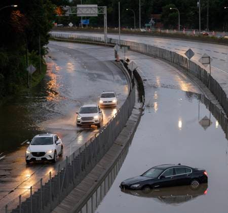 August 9, 2024, Montreal, Pq, CANADA: Cars drive slowly through water overflowing on to highway 40 in Sainte-Anne-de-Bellevue on the island of Montreal after heavy rains hit the area on Friday, August 9, 2024. Montreal CANADA  - ZUMAc35_ 20240809_zaf_c35_172 Copyright: xPeterxMccabex