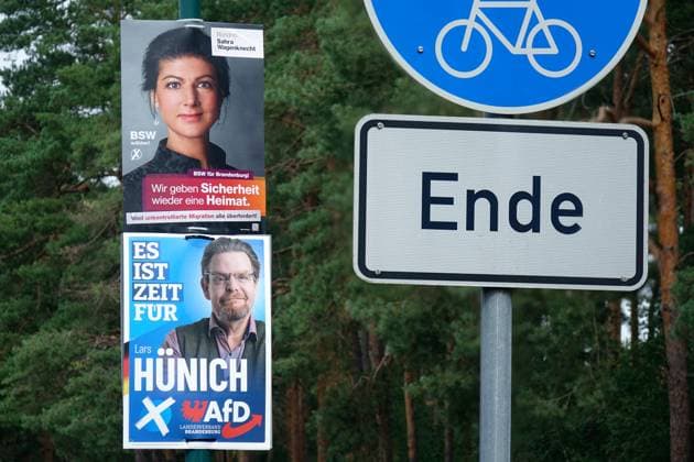 Wahlplakat der AfD und des BSW Wahlplakat der AfD und des BSW, 09.08.2024, Borkwalde, Brandenburg, Für eine Wahl wurde ein Wahlkplakat der AfD und des BSW aufgehängt. *** Election poster of the AfD and the BSW Election poster of the AfD and the BSW, 09 08 2024, Borkwalde, Brandenburg, An election poster of the AfD and the BSW was put up for an election