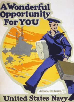 Sailor carrying bags with ships in background, A Wonderful Opportunity for You, U.S. Navy , World War I Recruitment Poster, by Charles E. Ruttan, USA, 1917  Copyright: xCircaxImagesx ghi-circa03042