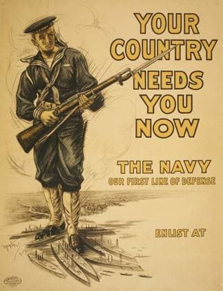 Naval officer with rifle, Your Country Needs you Now, The Navy, Our First Line of Defense , World War I Recruitment Poster, Josef Pierre Nuyttens, USA, 1917  Copyright: xCircaxImagesx ghi-circa03050
